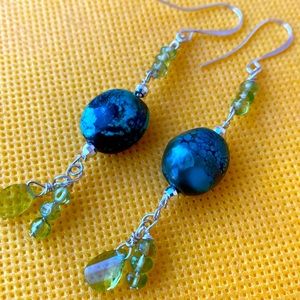 Hand made silver Peridot Turquoise? dangle earrings